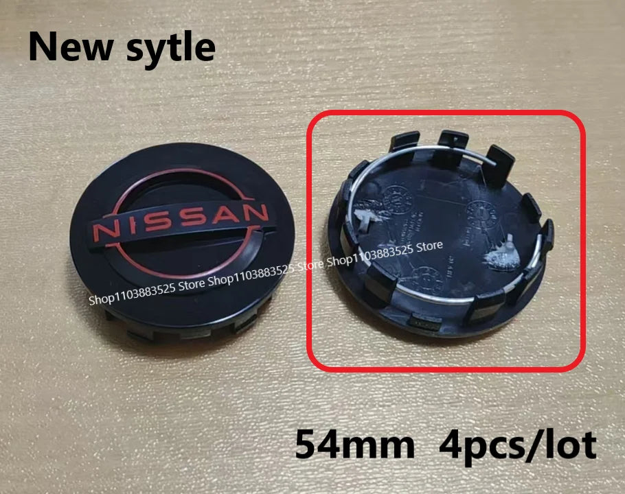 A close-up view of a black Nissan wheel center hub cap with a red ring, shown next to a magnified detail of the cap.