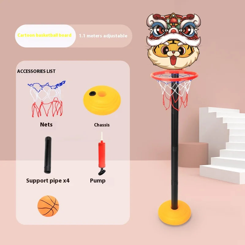 A cartoon-themed basketball hoop with an adjustable board and net, featuring a tiger face design.