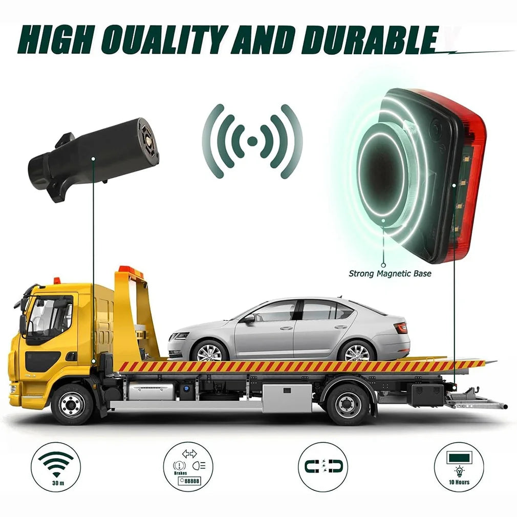 A yellow truck trailer equipped with wireless magnetic tail lights and a remote transmitter, showing various features.