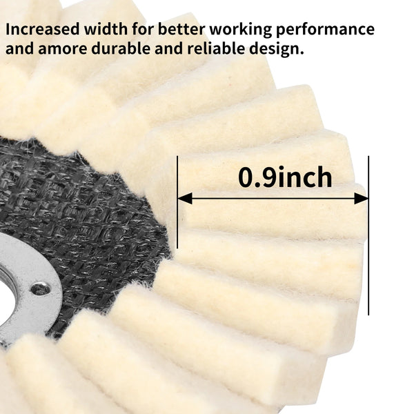 A close-up view of a light yellow wool polishing wheel with an increased width, showing a measurement of 0.9 inches.