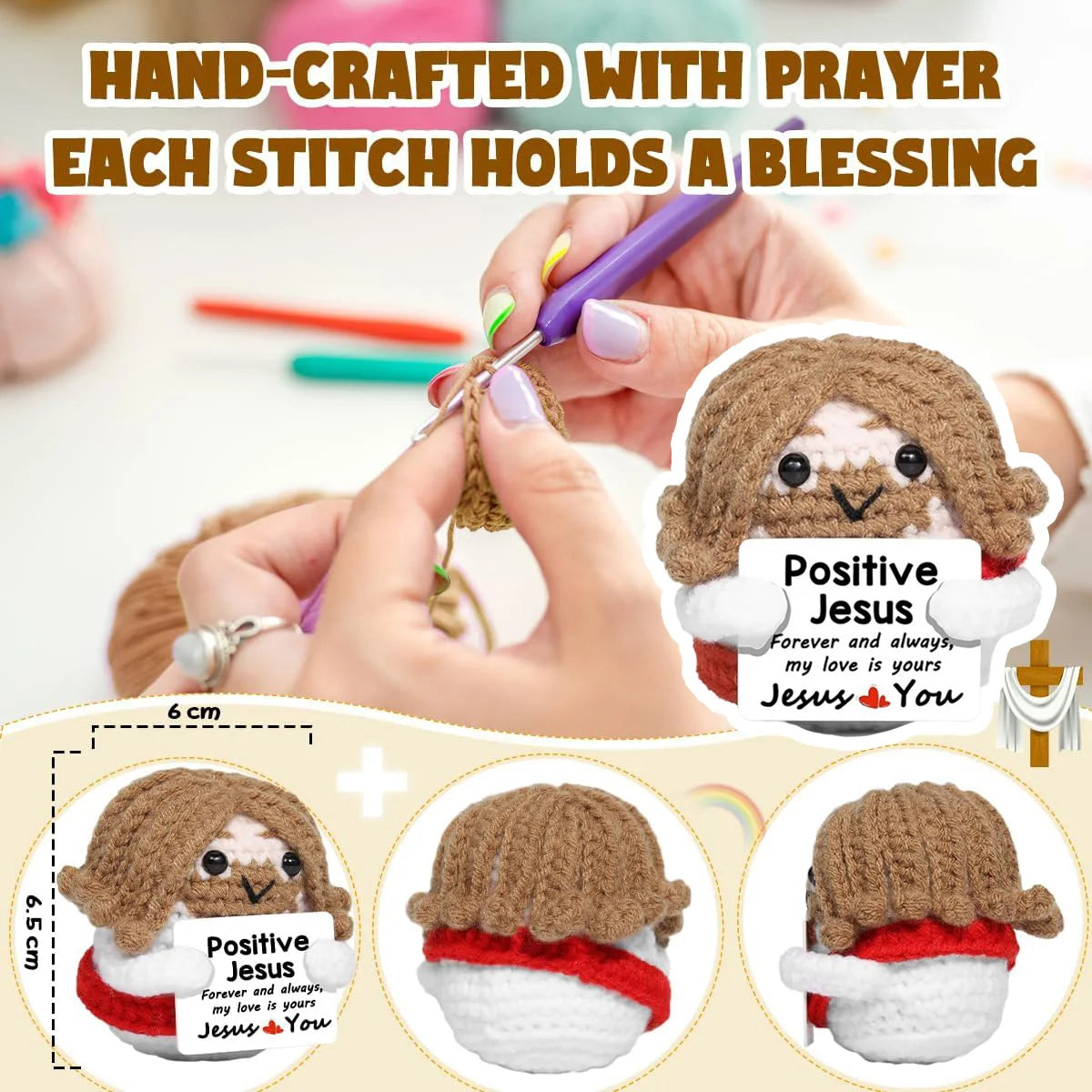 Hand-crafted crochet pocket hug dolls with a blessing, featuring Jesus themes in brown and white yarn.