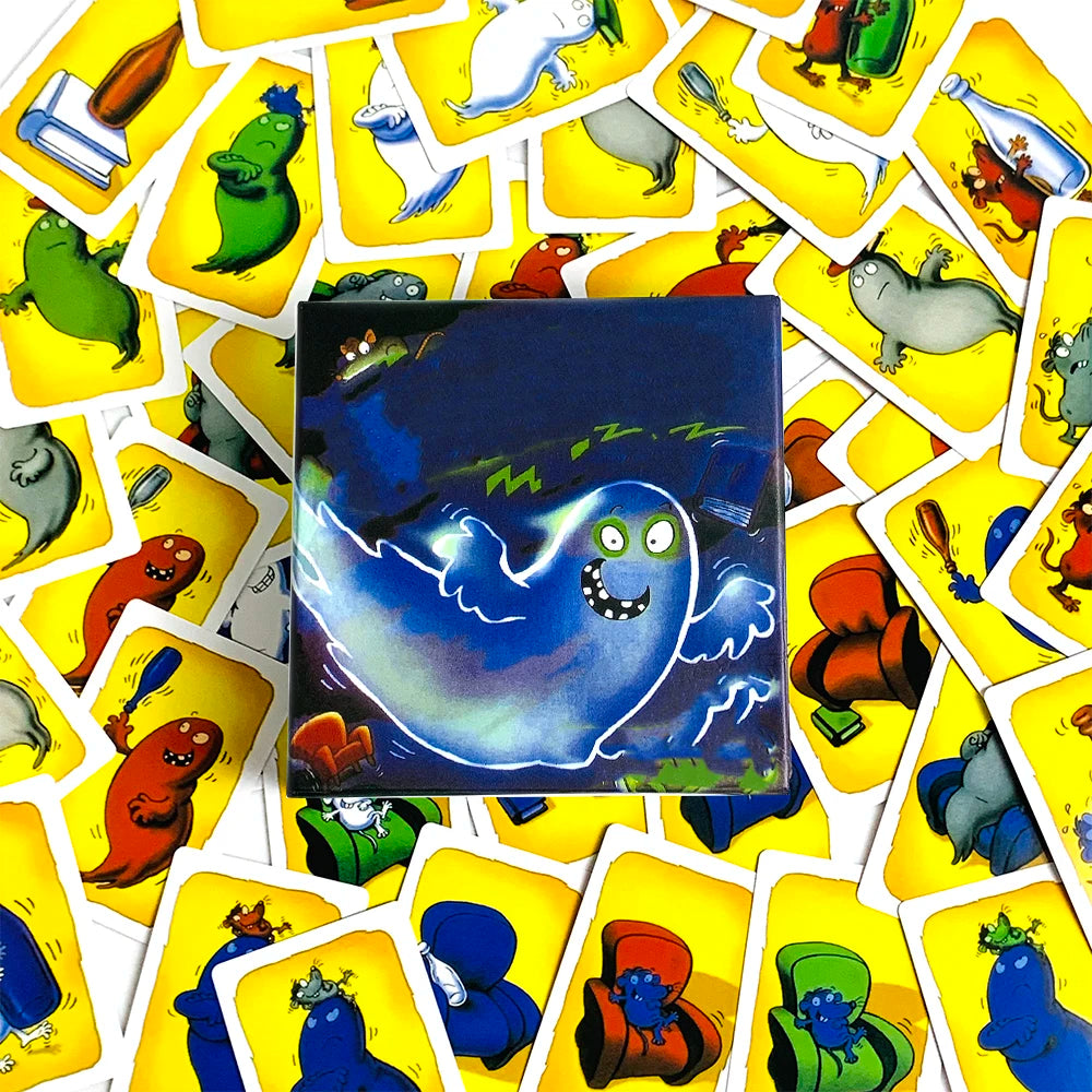 A collection of colorful cards featuring cartoon animals and characters for a family card game.