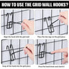 Instructions showing how to use grid wall hooks by aligning the hook with the grid and snapping it onto the grid piece.