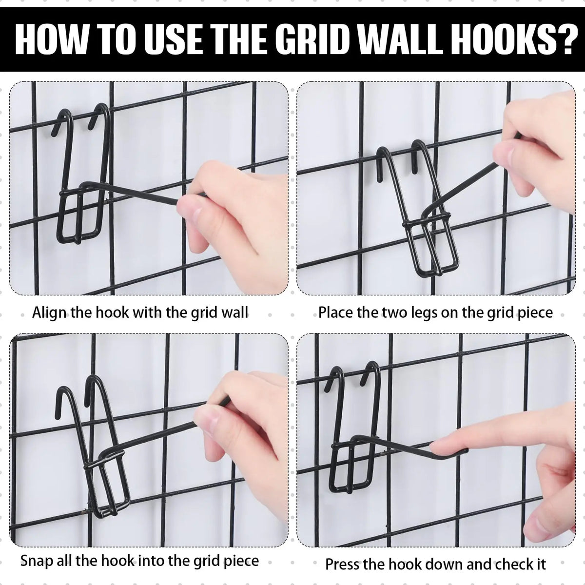 Instructions showing how to use grid wall hooks by aligning the hook with the grid and snapping it onto the grid piece.