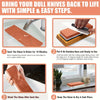 A four-step guide showing how to use a stone sharpening kit, including soaking, putting on the bamboo base, washing, and stor