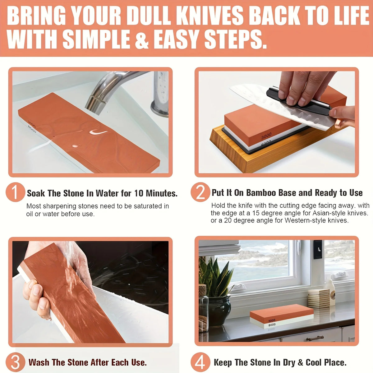 A four-step guide showing how to use a stone sharpening kit, including soaking, putting on the bamboo base, washing, and stor