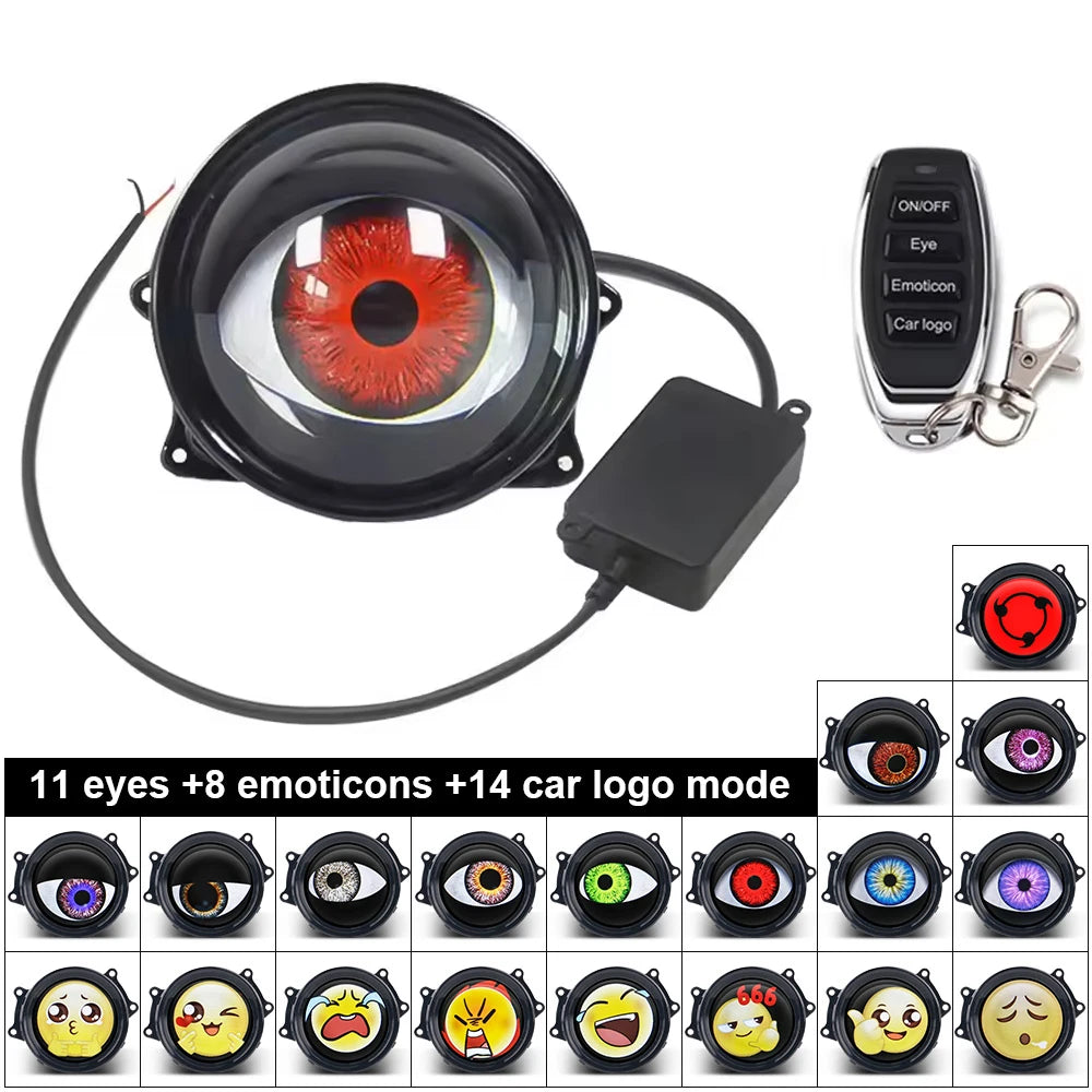 A black 3-inch LED devil eye headlight with a remote control and multiple emotion and logo modes.