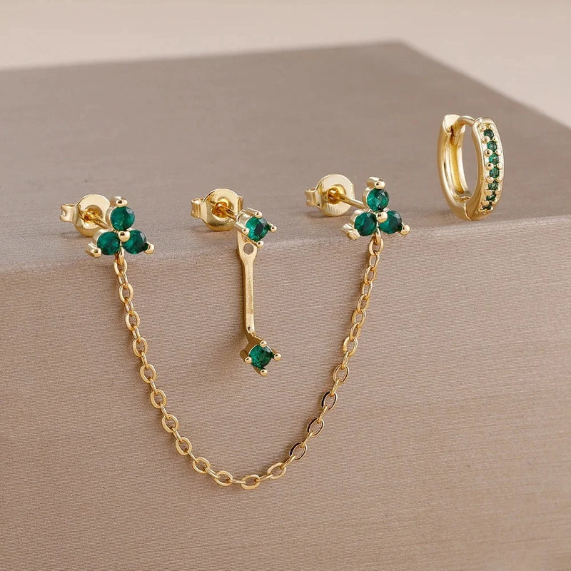Double-Hole Link Chain Earrings with Green Zircon