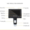 A black LCD digital microscope with various controls including a power port, key buttons, focusing pulley, and camera lens.