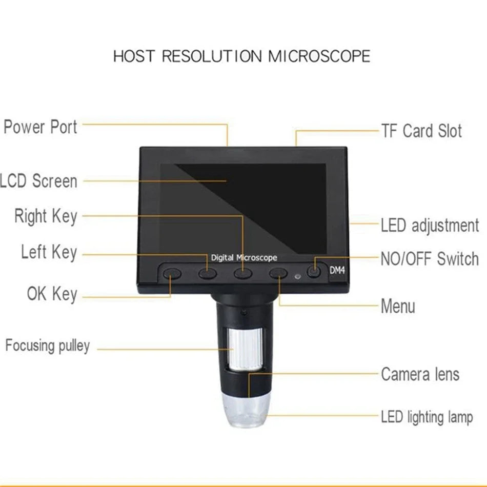 A black LCD digital microscope with various controls including a power port, key buttons, focusing pulley, and camera lens.