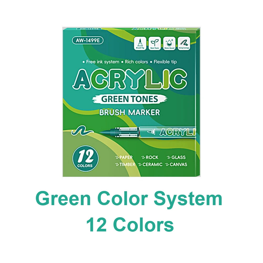 Box of Acrylic Green Tones brush markers featuring 12 colors for art and crafting