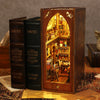 A wooden book nook kit featuring an arched display with built-in LED lighting and miniature books.