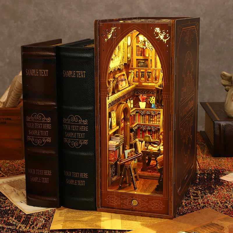 A wooden book nook kit featuring an arched display with built-in LED lighting and miniature books.