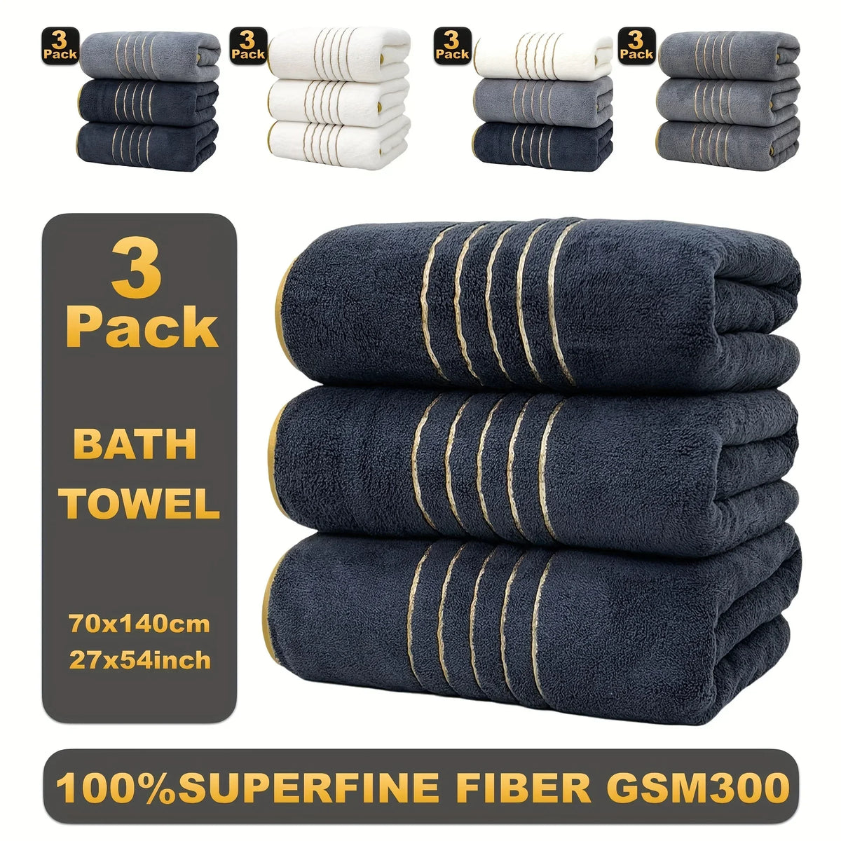 Gold-Stripe Bath Towel Set (3-Pack) – Ultra-Soft & Highly Absorbent