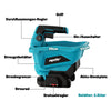 Blue cordless handheld spreader tool with various adjustment and storage features