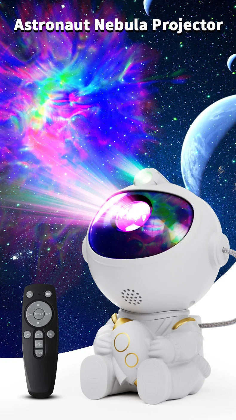 A white astronaut projector with a purple lens shining a colorful nebula pattern onto a dark background.