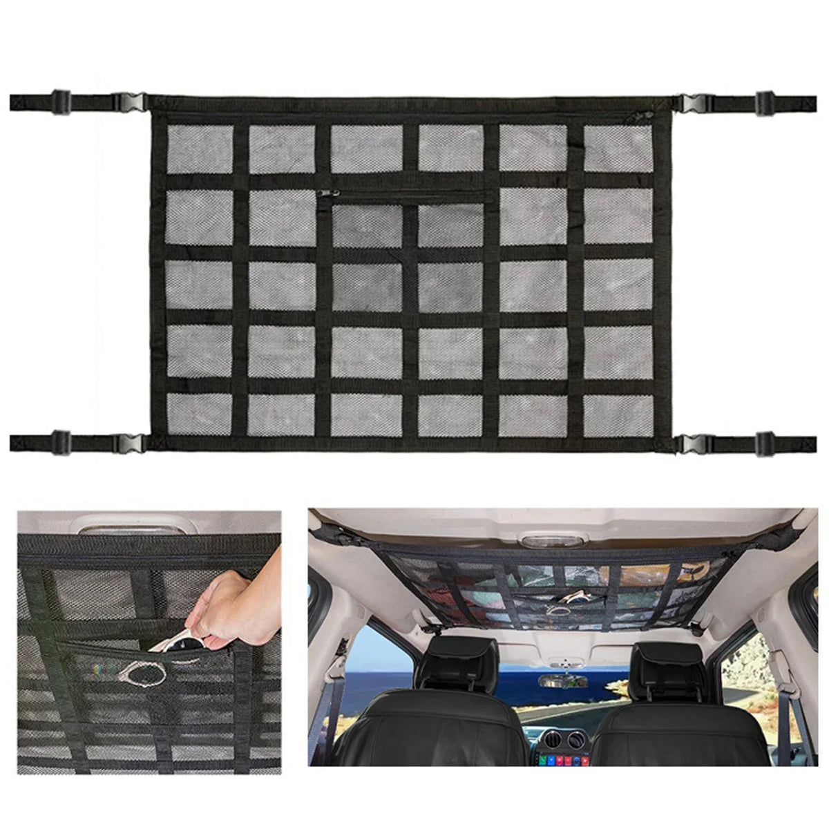 Black ceiling cargo net organizer installed in an SUV, showing its fit and function.