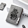 A dark gray men's compact double-fold wallet with embossed lettering is shown on a white surface.