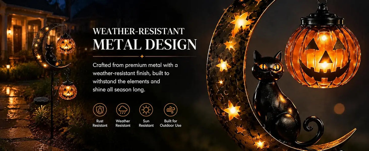 A metal design featuring a black cat and pumpkin carved into a crescent moon shape, illuminated by warm lights.