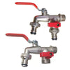 A brass garden water faucet with a lever handle, shown in silver and red.