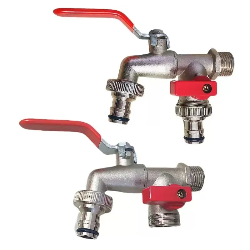 A brass garden water faucet with a lever handle, shown in silver and red.