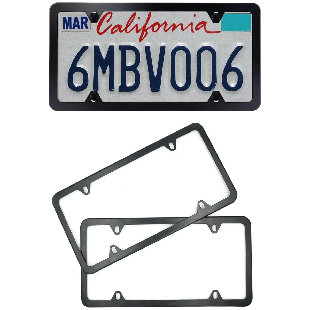 Slim stainless steel license plate frame with a blue and white California plate visible.