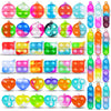 A collection of colorful mini pop keychain fidget toys in various shapes and colors.