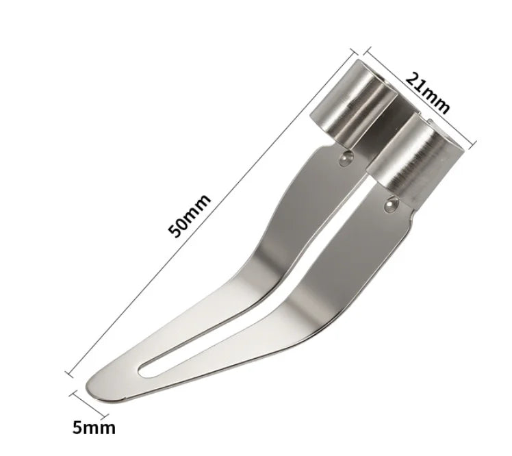 A silver plastic welding repair kit with smooth tips shown at an angle, featuring measurements of 5mm, 21mm, and 50mm.