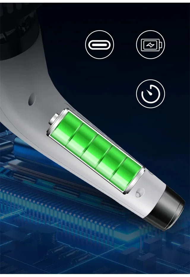 A close-up view of a silver electric spin scrubber with green brush heads and icons indicating features.