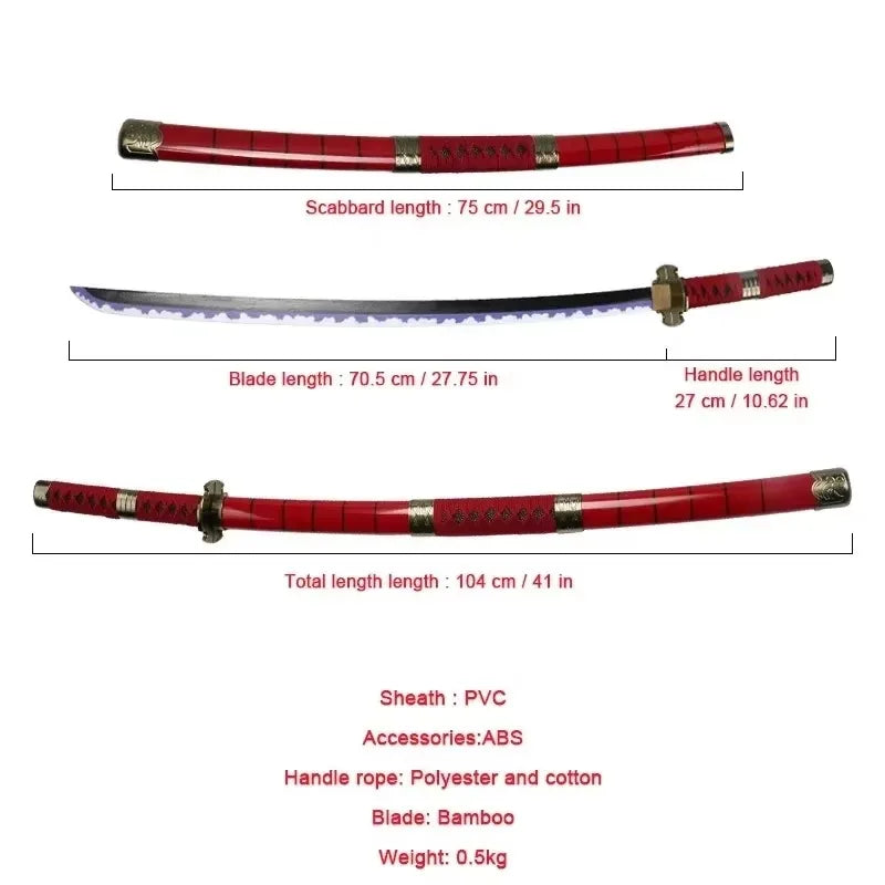 A red Roronoa Zoro 41-inch katana cosplay sword with a bamboo blade and ABS accessories.