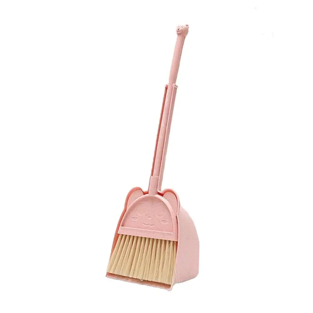 A pink kids broom and dustpan set with an adjustable mop.