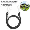 Black heavy-duty elastic bungee cords with carabiners coiled and displayed against a white background.