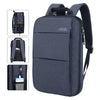 A dark blue UOZL laptop backpack shown with close-ups of its features and compartments.