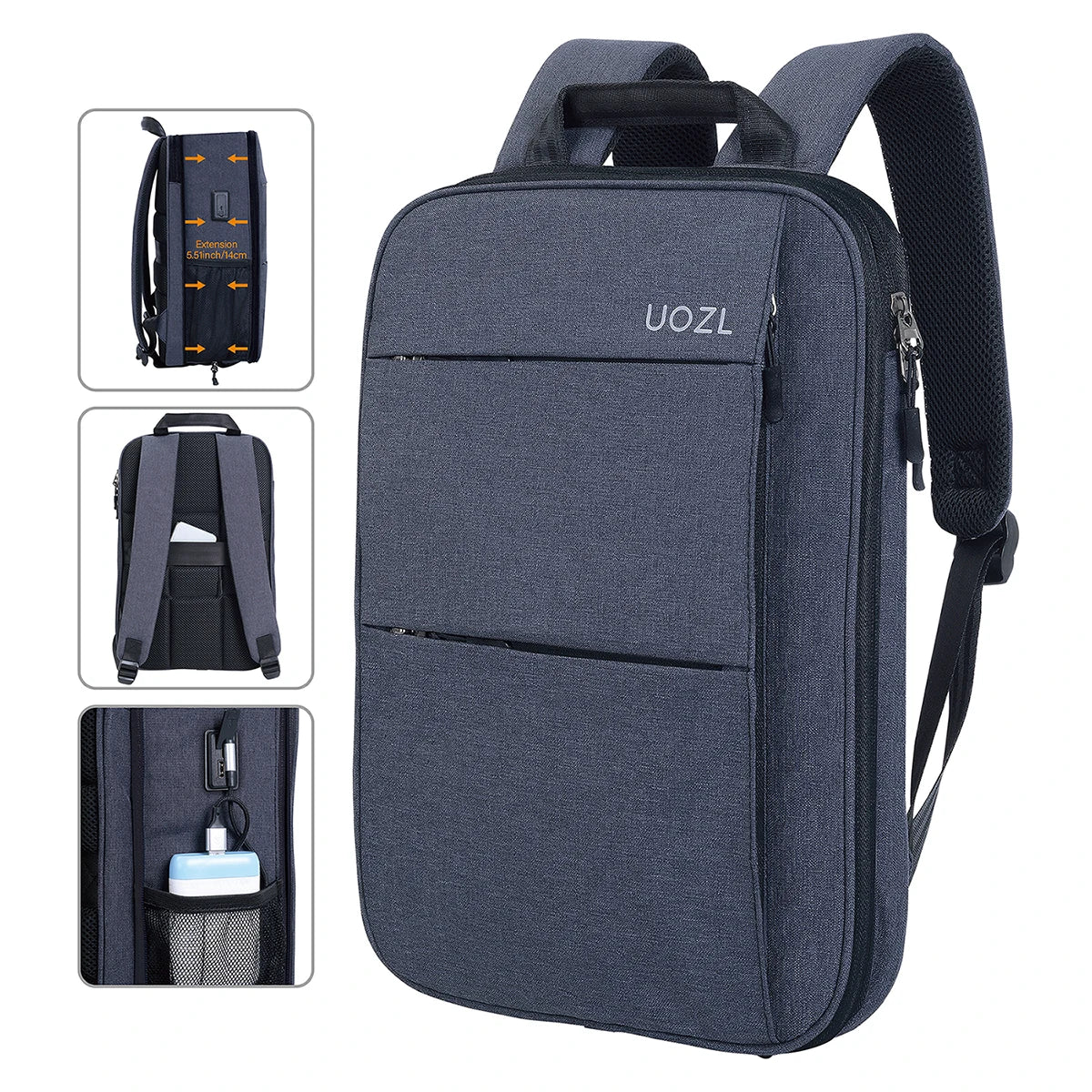 A dark blue UOZL laptop backpack shown with close-ups of its features and compartments.