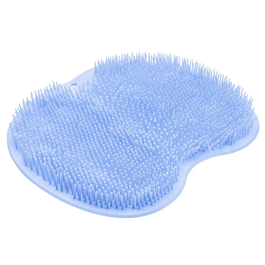 A light blue wall-mounted shower scrubber with numerous bristles and suction cups.