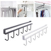 Black and white under-shelf cup and utensil holder with six hooks for kitchen storage