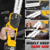 A yellow cordless hand saw is shown with various applications like wood cutting and tree branch work.