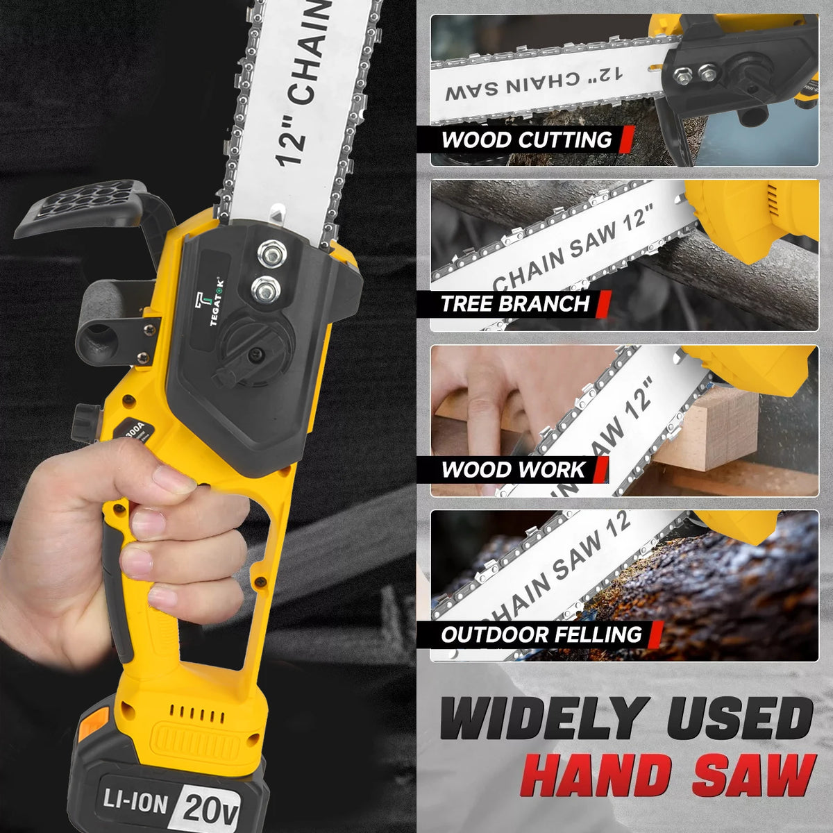 A yellow cordless hand saw is shown with various applications like wood cutting and tree branch work.