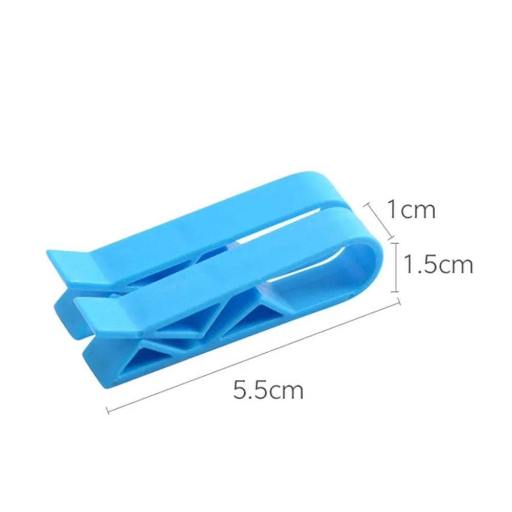Blue plastic garbage bag holder clips designed to secure trash cans and snack bags.