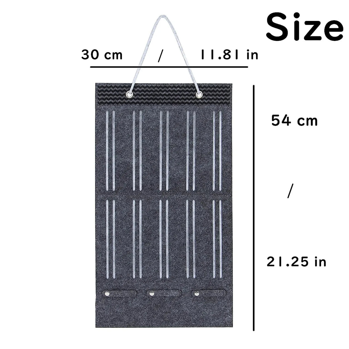 A dark gray hair bow and clip organizer with a rope hanger, shown with dimensions of 30 cm by 54 cm.