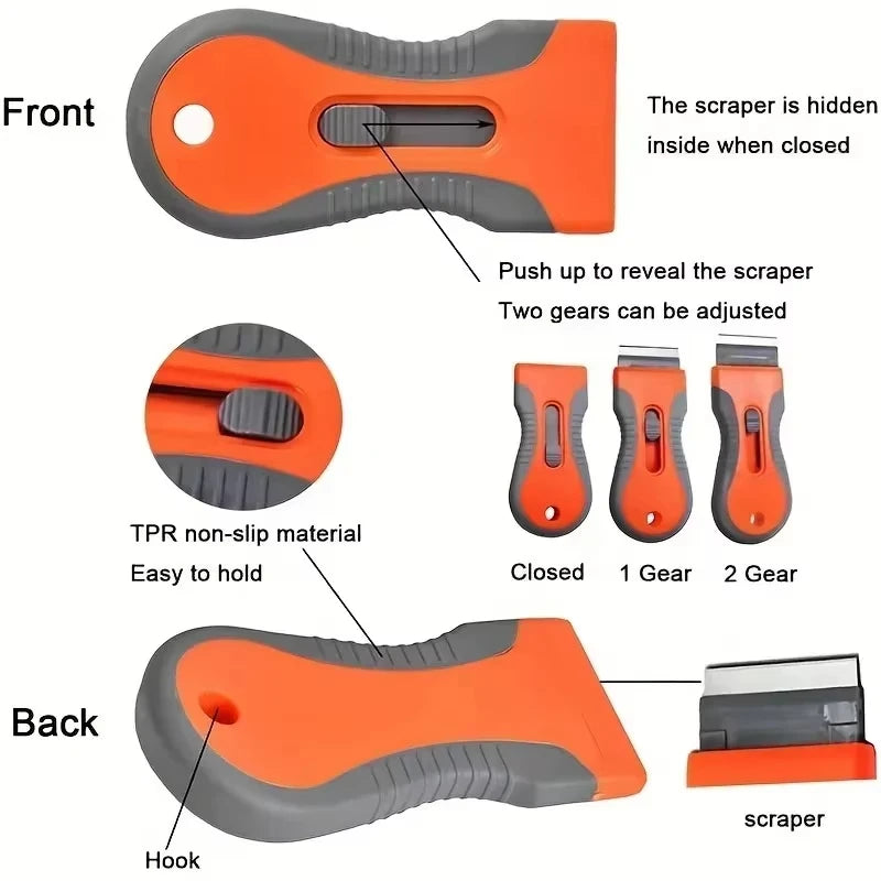 Front and back views of a telescopic scraper tool showing how to adjust gears and reveal the hidden scraper blade.
