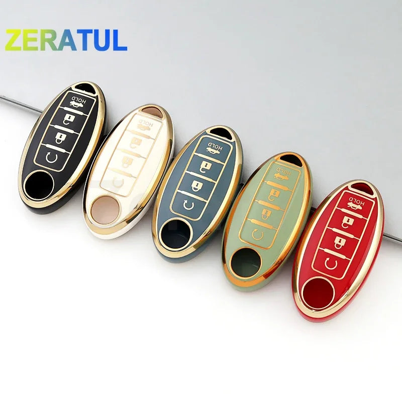 A row of colorful TPU car key case covers for Nissan and Infiniti models displayed on a white background.