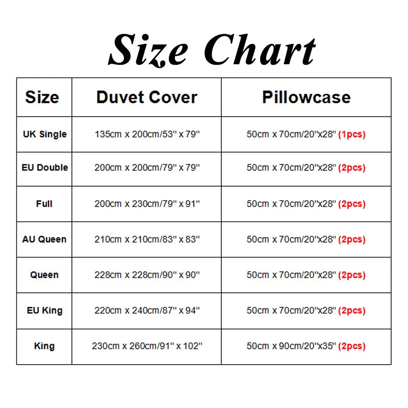 Size chart showing dimensions for duvet covers and pillowcases in various sizes like UK Single, EU Double, and King.