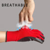 A hand wearing a red and black work glove is shown with white vapor emerging from the fingertips.