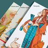 Three sheets of 100% cotton pulp paper with coarse, medium, and fine grain textures shown next to a watercolor illustration.