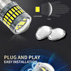 A pair of LED turn signal and reverse light bulbs shown in various configurations and installation examples.