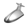 Silver shark fin car antenna signal booster with a sleek design