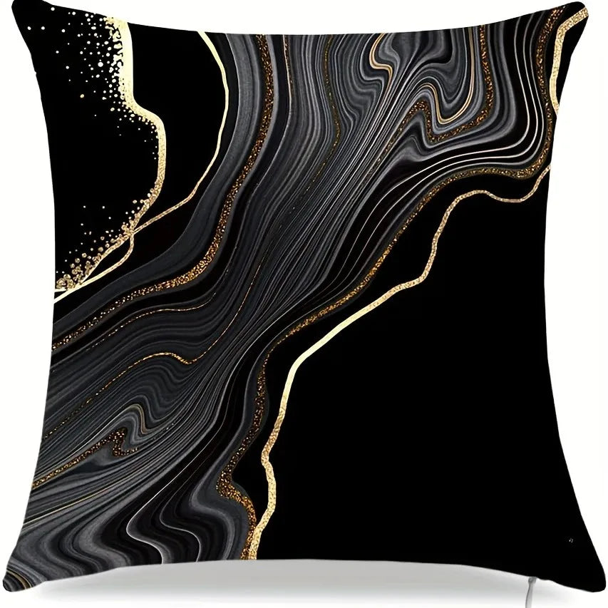 Black and gold marbled abstract pattern throw pillow cover with fine gold dots