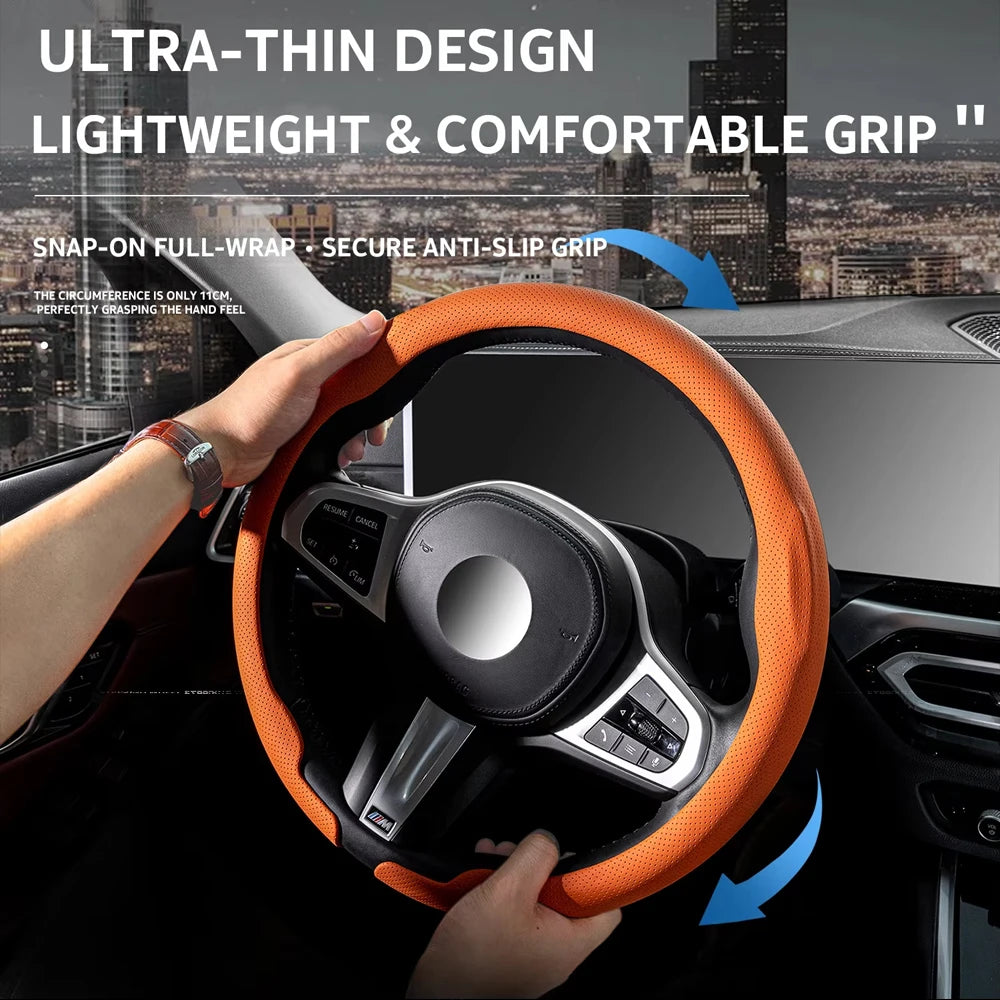 An orange steering wheel cover is shown being snapped onto a black steering wheel, highlighting its anti-slip grip feature.