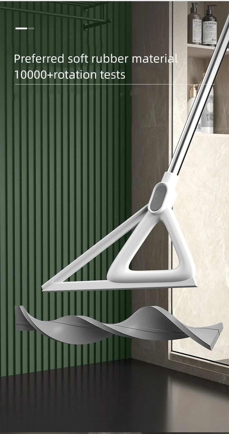 A white silicone squeegee broom is shown against a dark background, demonstrating its use for cleaning floors and windows.